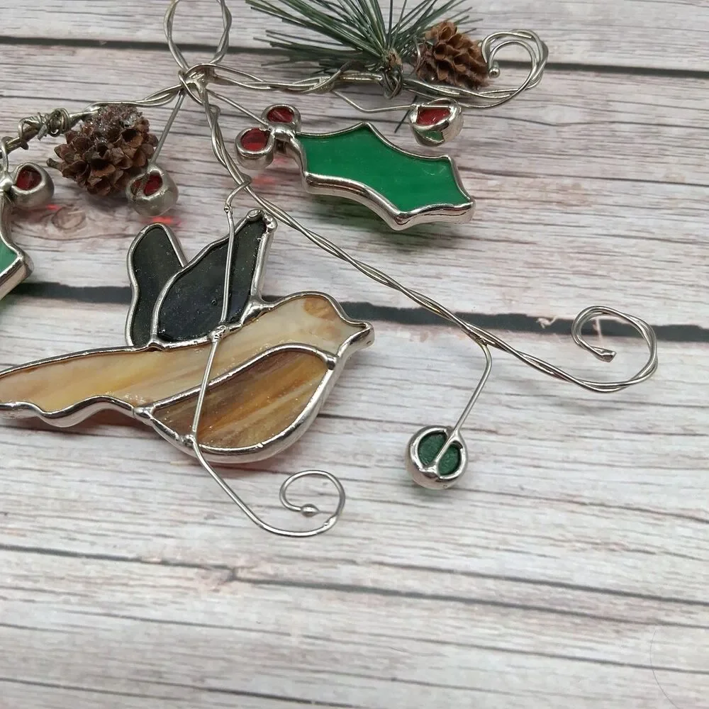 Vintage Stained Glass Suncatcher Robin And Holly Christmas Ornament Decoration